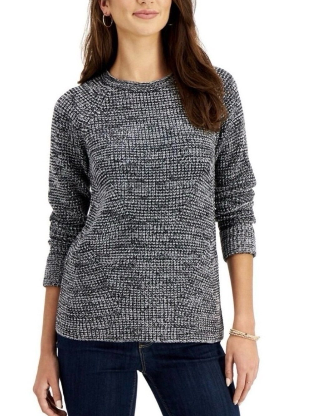 Style & Co Women's Pointelle Sweater Long Sleeve Blue & White
Marl Crew Neck